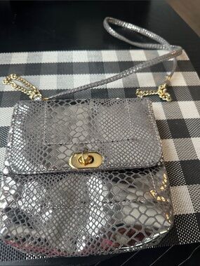 Metallic small Gray Snake-Embossed Crossbody cocktail bag with Gold Turn-Lock